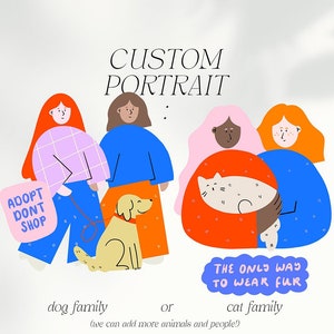 Portrait de famille personnalisé : vous avec chien / chat (animal de compagnie) en affiche, carte postale et/ou autocollant comme illustration mignonne et colorée
