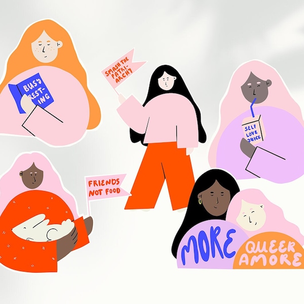 Sticker Set PEOPLE mit Statements zu Feminismus, Mentaler Gesundheit, Self Love, Veganismus und Queer Sein (5 Stück)