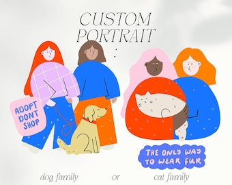 Personalisiertes Familien Portrait: Ihr mit Hund / Katze (Haustier) als Poster, Postkarte und/oder Sticker als süße, bunte Illustration