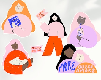 Sticker set PEOPLE with statements on feminism, mental health, self love, veganism and queerness (5 pieces)