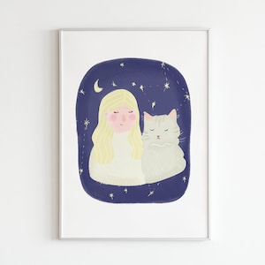 Personalisiertes Portrait: Illustration von dir und deiner Katze (Haustier) als Sticker, Postkarten oder Poster (A5 oder A4)
