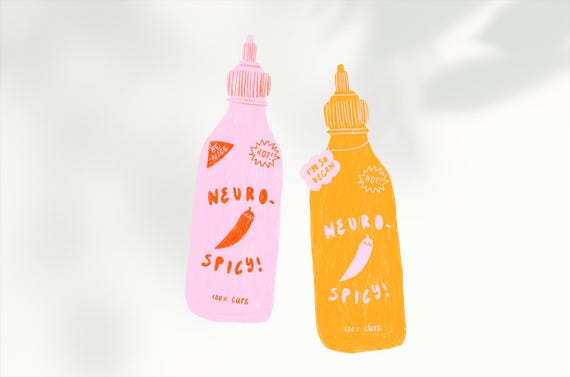 Neurodivergenz Sriracha Sticker Set »Neurospicy« in verschiedenen Größen und Farben (Vegan-Anhänger)