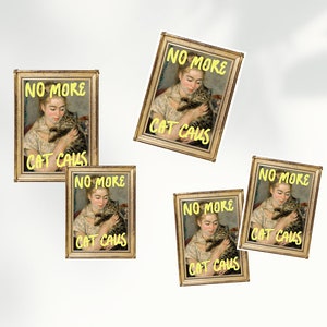 Conjunto de pegatinas feministas »No More Cat Calls« con retrato vintage moderno de mediados de siglo y declaración tipográfica (5 piezas)