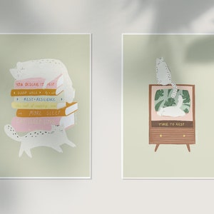 Set di cartoline con gatti che riposano con invito al riposo illustrato beige