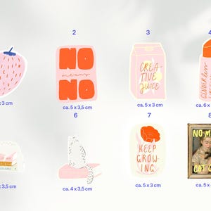 May include: A collection of colorful stickers with various designs. Includes a pink strawberry, a pink rectangle with "NO NO" in orange, a pink carton of "CREATIVE JUICE", and a lipstick with "GENDER BENT LIPSTICK".