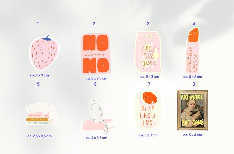 May include: A collection of colorful stickers with various designs. Includes a pink strawberry, a pink rectangle with "NO NO" in orange, a pink carton of "CREATIVE JUICE", and a lipstick with "GENDER BENT LIPSTICK".