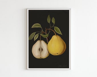 Vintage Oil Painting Fruit Pear Dark Painting Still Life With Hidden Typography Statement »Shop Local«