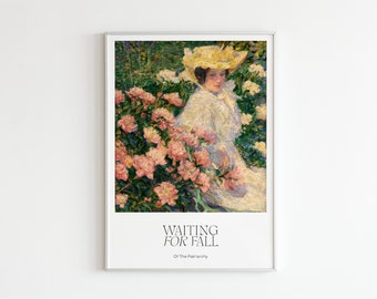 Feministische kunstprint "Val van het Patriarchaat" schilderij van vrouw en bloemen in botanisch landschap (tuin) met opvallende typografie
