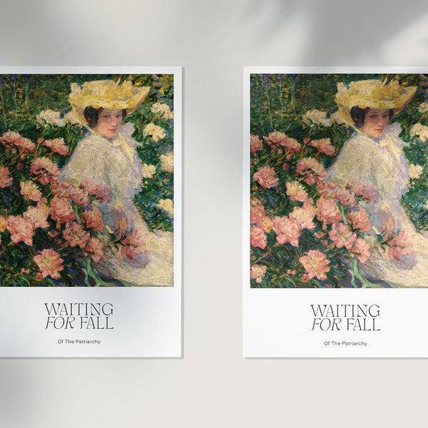 Feministische Postkarten (2 Stück) mit Gemälde von Frau im Garten mit Blumen und Statement Typografie »Waiting For Fall Of The Patriarchy«
