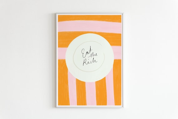 Kunstdruck Sommer Urlaub Buntes Picknick mit »Eat The Rich« Handlettering & Kohle-Zeichnung Rosa/Orange Kitchen Art Print