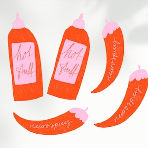 May include: Two orange squeeze bottles with pink labels featuring the text hot stuff in cursive, accompanied by three orange chili peppers with pink stems, each displaying the word neurospicy written in white cursive script across the surface.