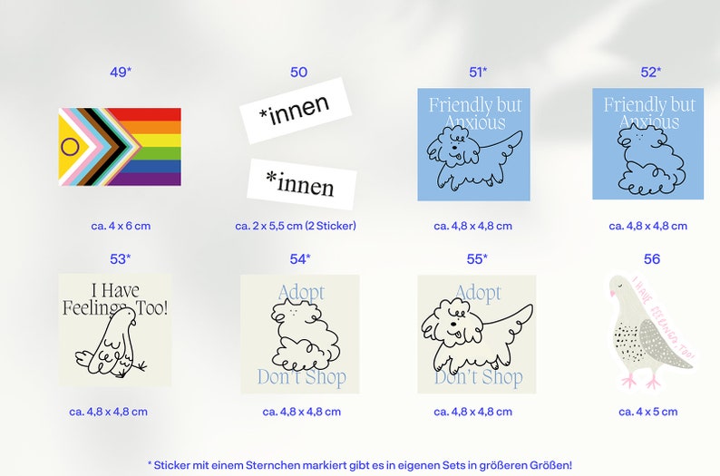 May include: A collection of stickers with various designs. Includes a Pride flag, text reading "Friendly but Anxious" with a dog illustration, and "Adopt Don't Shop" with a dog illustration. Sizes range from approximately 1.6 x 2.4 inches to 1.9 x 1.9 inches.