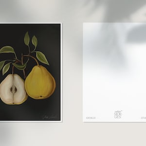 Ensemble de cartes postales nature morte vintage (2 pièces) poire avec typographie cachée « Shop Local » imprimée de manière durable comme signature