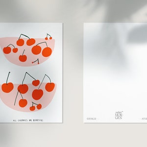 Feministische Postkarten-Set (2 Stück) mit fröhlichem, bunten Obst-Motiv mit diversen Kirschen in Schale und Handwritten Typografie
