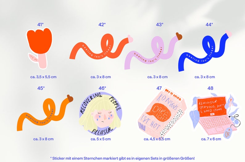 Bunte Sticker zu Konsens, People Pleaser, Healing Isn't Linear und Staying Soft