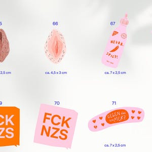 May include: A collection of illustrated stickers and designs. Includes pink and orange stickers with text, a pink bandage with hearts, and illustrations of a vulva and hot sauce bottles. Measurements are in centimeters.
