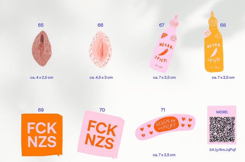 May include: A collection of illustrated stickers and designs. Includes pink and orange stickers with text, a pink bandage with hearts, and illustrations of a vulva and hot sauce bottles. Measurements are in centimeters.