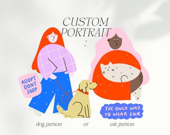 Personalized portrait: You with your dog/cat (pet) as a poster, postcard and/or sticker as a cute, colorful illustration