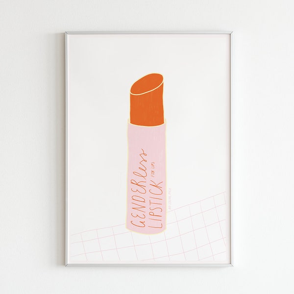 LGBTQIA+ Art Print Gender Lippenstift Illustration in Rosa und Rot mit Pride Motiv und Handwritten Statement