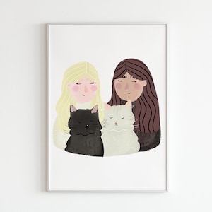 Individual Couple Portrait with Pet (Cat) Personalized Illustration (A5, A4, A3)