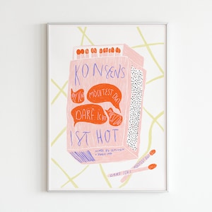 Illustriertes Feminismus Poster »Konsens ist hot« bunte, abstrakte Zeichnung einer Streichholzschachtel mit feministischer Typografie