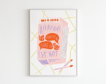 Geïllustreerde feministische poster "Consensus is hot" kleurrijke, abstracte tekening van een luciferdoosje met feministische typografie