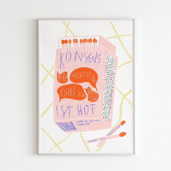 Illustriertes Feminismus Poster »Konsens ist hot« bunte, abstrakte Zeichnung einer Streichholzschachtel mit feministischer Typografie