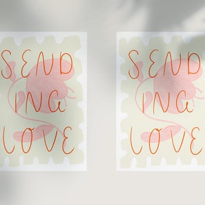 Cartes postales d'amour pour la Saint-Valentin "Sending Love" avec fleurs illustrées et lettrage à la main (2 pièces)