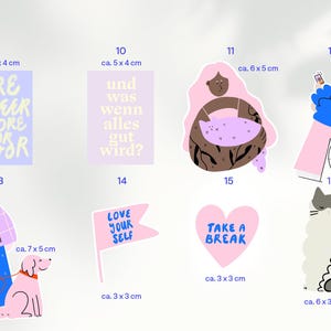 May include: A collection of colorful stickers with various designs. Includes stickers with text like "MORE QUEER AMORE POR FAVOR" and "LOVE YOURSELF", along with illustrations of people, animals, and abstract shapes. Sizes vary, with the largest being approximately 2.75 x 2 inches.