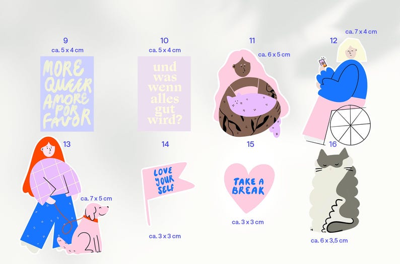 May include: A collection of colorful stickers with various designs. Includes stickers with text like "MORE QUEER AMORE POR FAVOR" and "LOVE YOURSELF", along with illustrations of people, animals, and abstract shapes. Sizes vary, with the largest being approximately 2.75 x 2 inches.