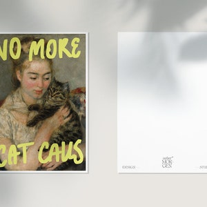 Cartes postales féministes au look vintage avec une peinture d'une femme avec un chat et une déclaration typographique « No More Cat Calls »