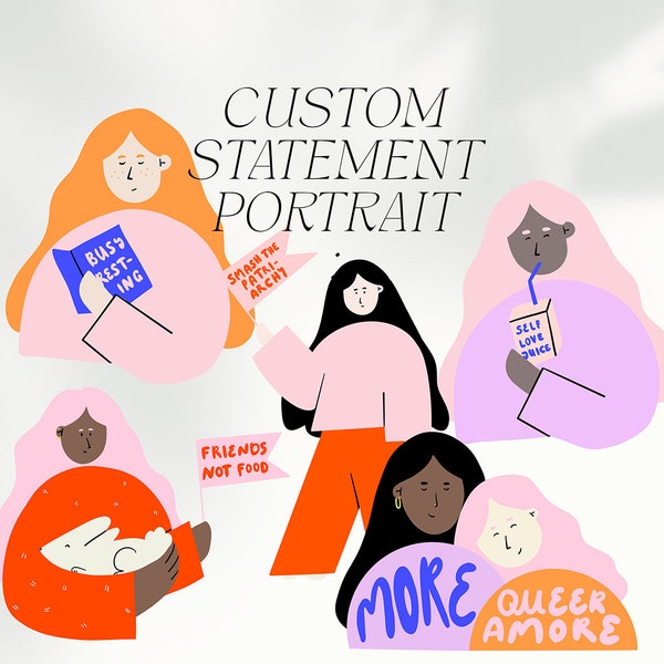 Statement Portrait: Illustration of you with a statement about feminism / vegan / mental health / self love (stickers, postcards, posters)