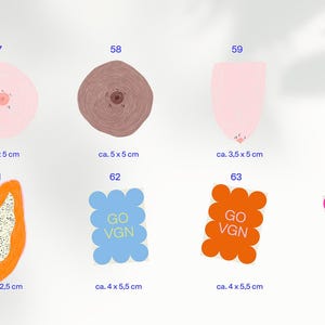 May include: A collection of colorful, illustrated stickers and drawings. The image includes drawings of breasts, a papaya slice, and stickers with the text "GO VGN". Measurements are provided in centimeters.