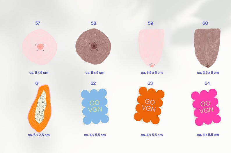 May include: A collection of colorful, illustrated stickers and drawings. The image includes drawings of breasts, a papaya slice, and stickers with the text "GO VGN". Measurements are provided in centimeters.