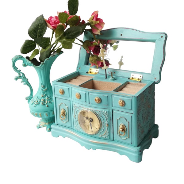 Shabby chic musical jewelry box Dancing ballerina Vintage table clock