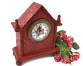 Shabby Chic desk clock red Vintage wooden mantel clock Shabby Chic decor