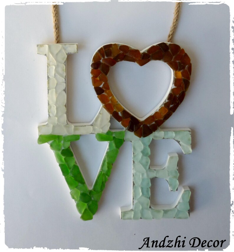 Sea glass wall art Valentines day gift Letters love Mosaic sea Etsy