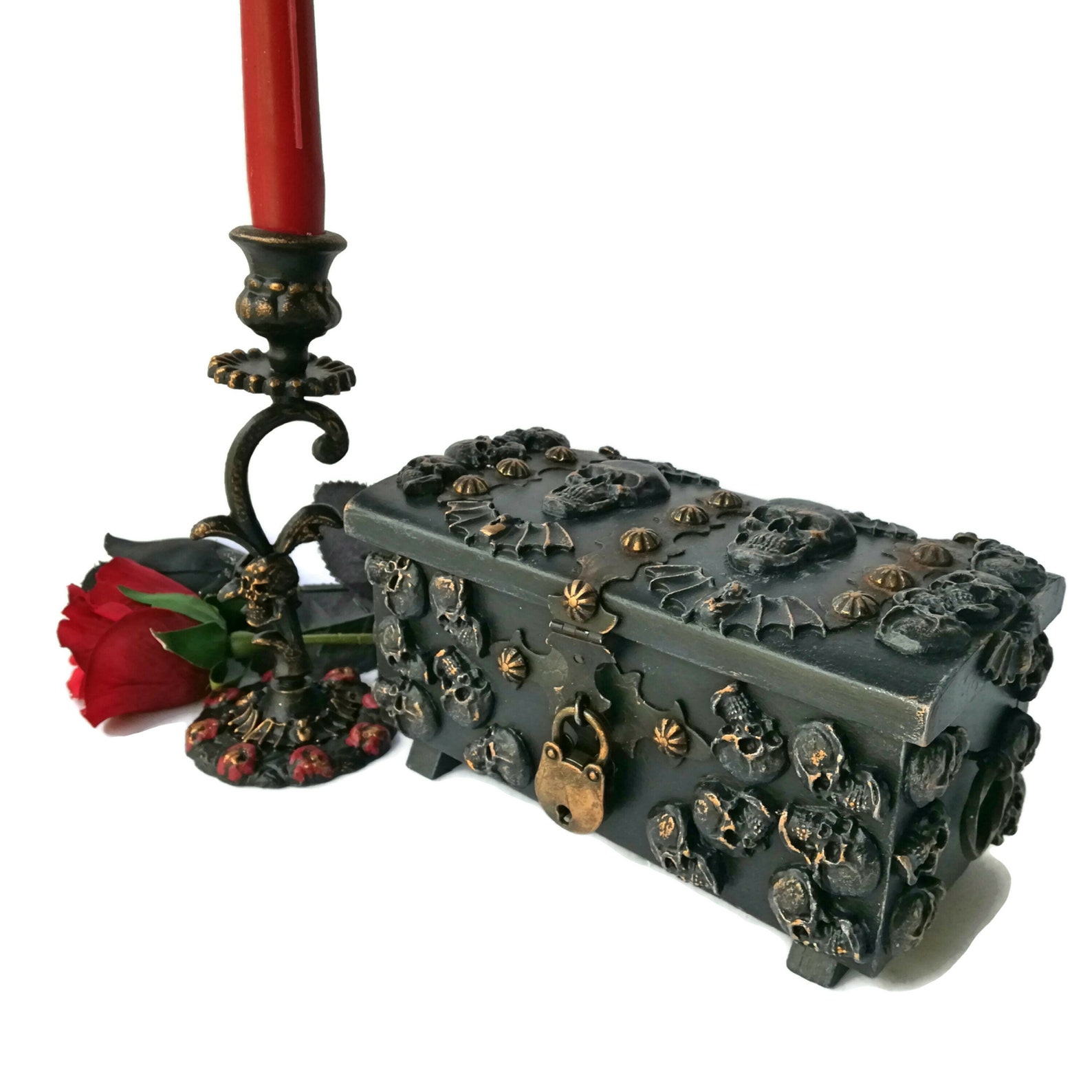 Gothic jewelry box Vintage black wooden Skull bats box Unique Etsy