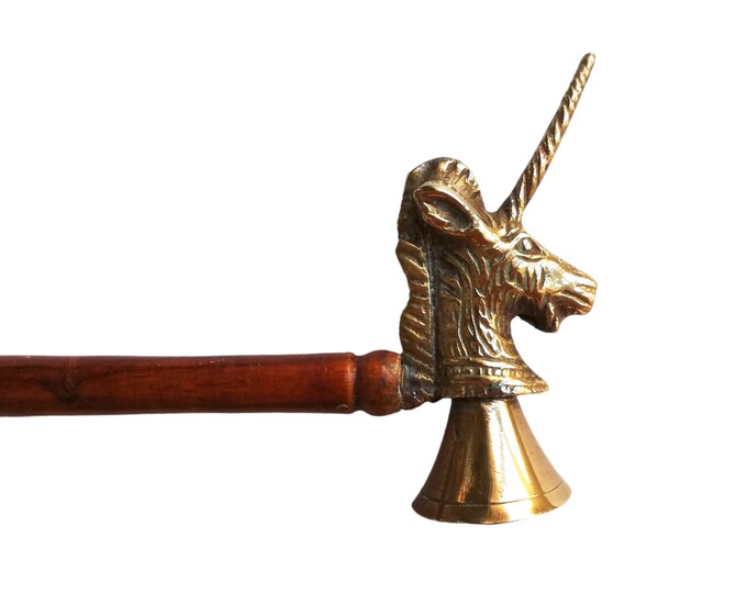 Very Rare Antique Brass Candle Snuffer Unicorn Head With Wooden Handle