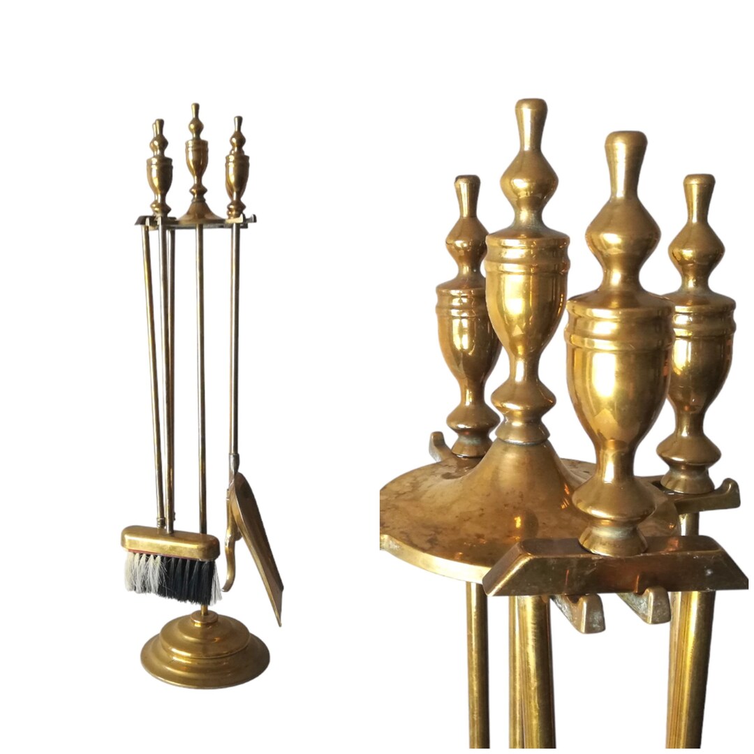 Vintage High Solid Brass Fireplace Set Brush Shovel Poker Etsy