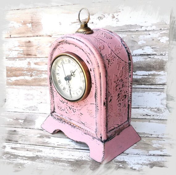 Shabby Chic Decor Pink Desk Table Clock Flowers Vintage Deck Etsy