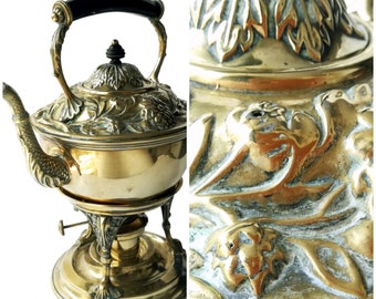 Antique Brass Teapot - Tea Kettle on Warming Standby Kettle on a stand with a burner Spirit Kettle