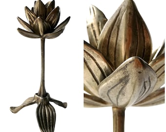 Antique Bronze Candlestick Candle holder with Flower Stem Lotus Art nouveau style