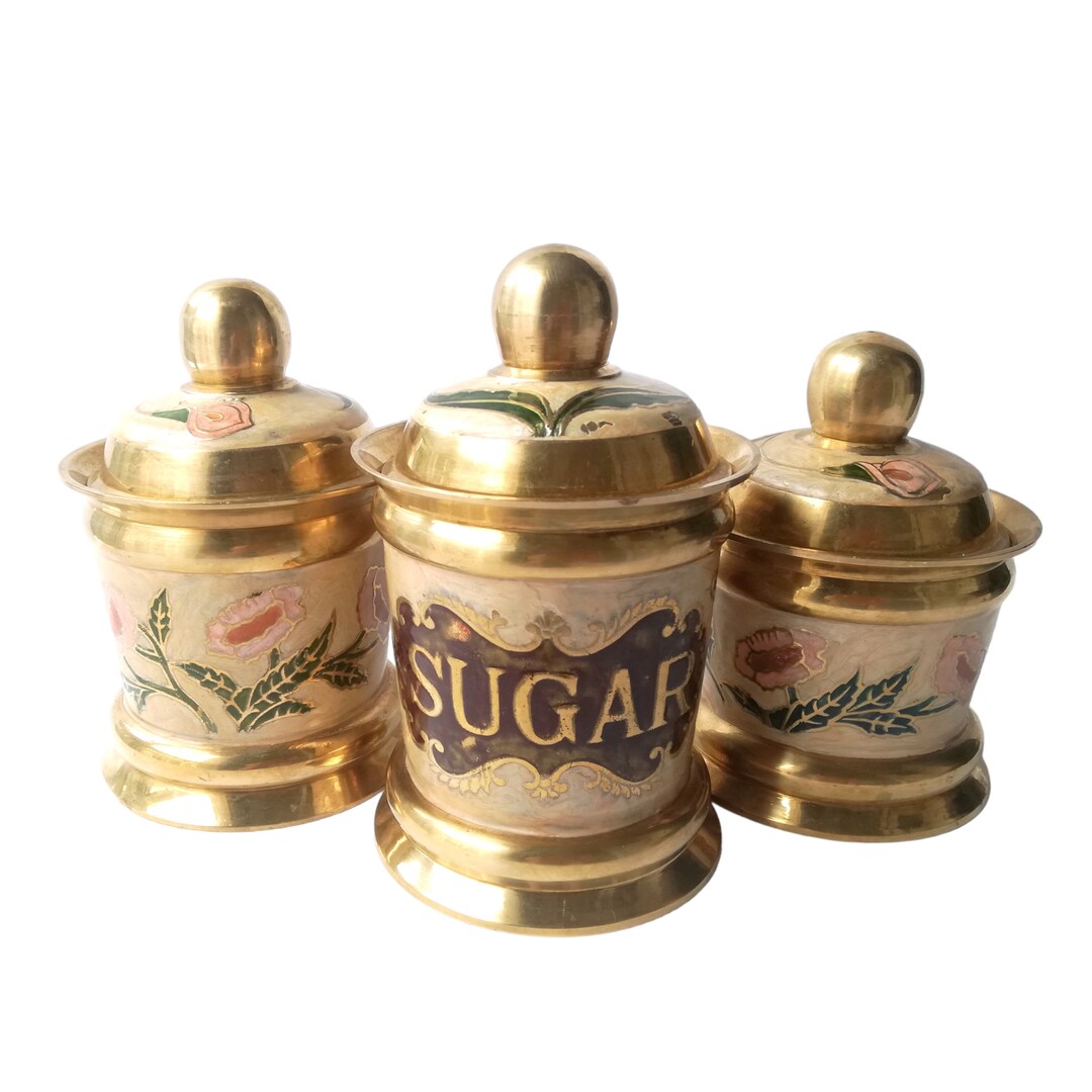 Vintage Tea Sugar Coffee Canister Set Floral Enamel Brass Cloisonné