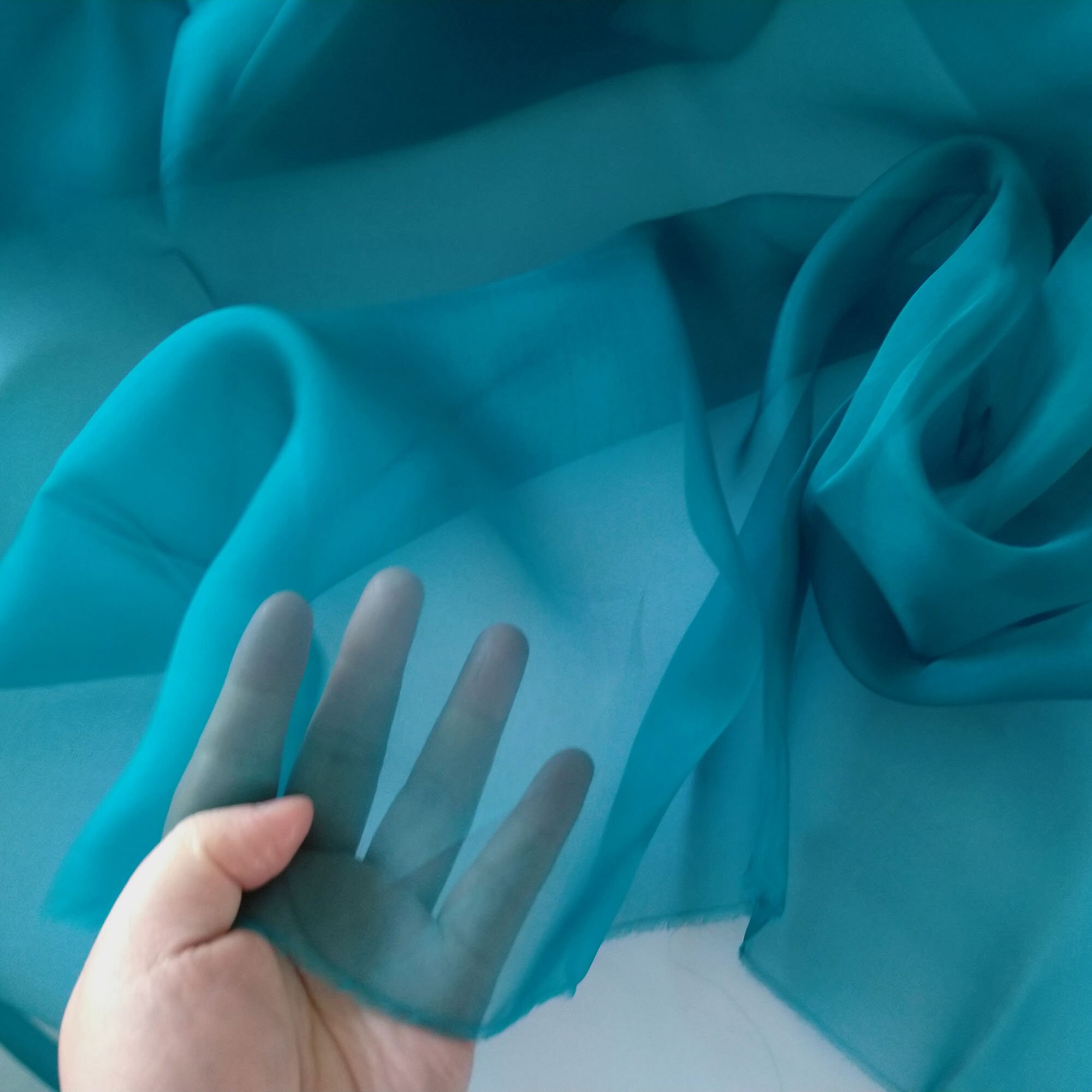 Pure silk organza fabric blue green high sheer by the yard Etsy