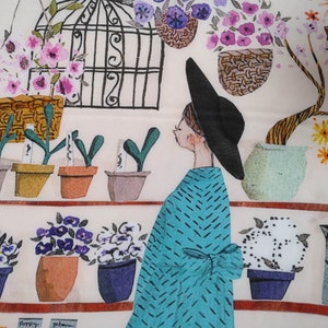Crepe de chine de seda desenho menina e vasos de flores 44 “X32” lenço de tecido de costura DIY moda vestuário