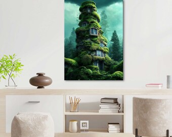 Forest Fairytale Cottage, Print on Canvas, Feng Shui Color of the Year Wall Art, Emerald Green