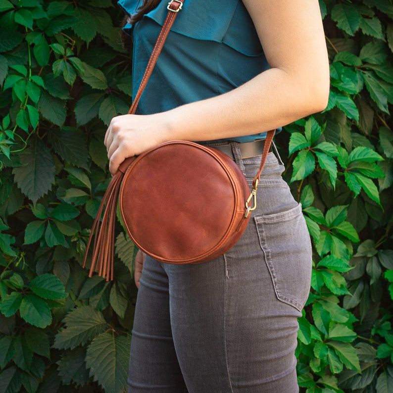 Leather Crossbody Bags Brown Circle Handbag Round Shoulder Bag Etsy