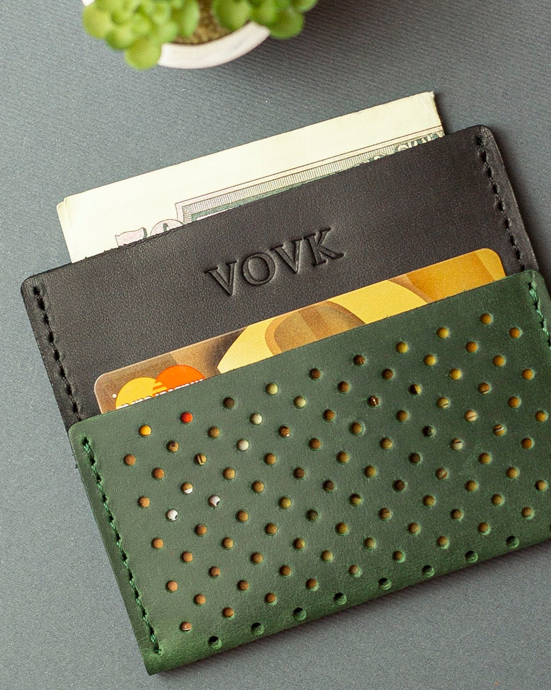 Cartera minimalista Cartera delgada para hombre Tarjetero de oliva Cartera fina Cartera de cuero para tarjetas Cartera personalizada Regalo para novio Regalo para novio imagen 1