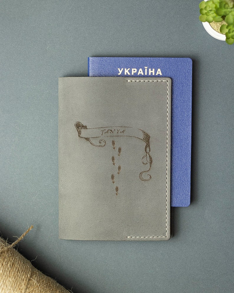 Leather Passport Holder, Ingraved Grey Passport Case, Personalized Passport Cover image 2